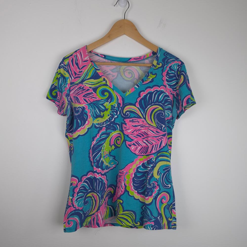 Lilly Pulitzer Michele Top Roar of the Seas V-Neck Short Sleeve Tee Size Large